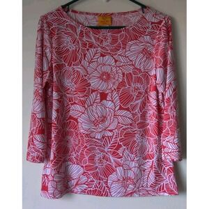 Ruby Rd Petite Womens 3/4 Sleeve Pullover‎ Textured Coral/White Floral Print SP